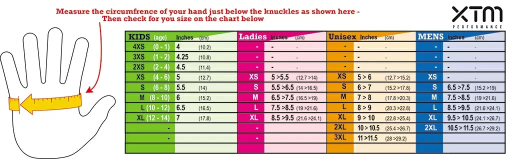 XTM Gloves Size Chart